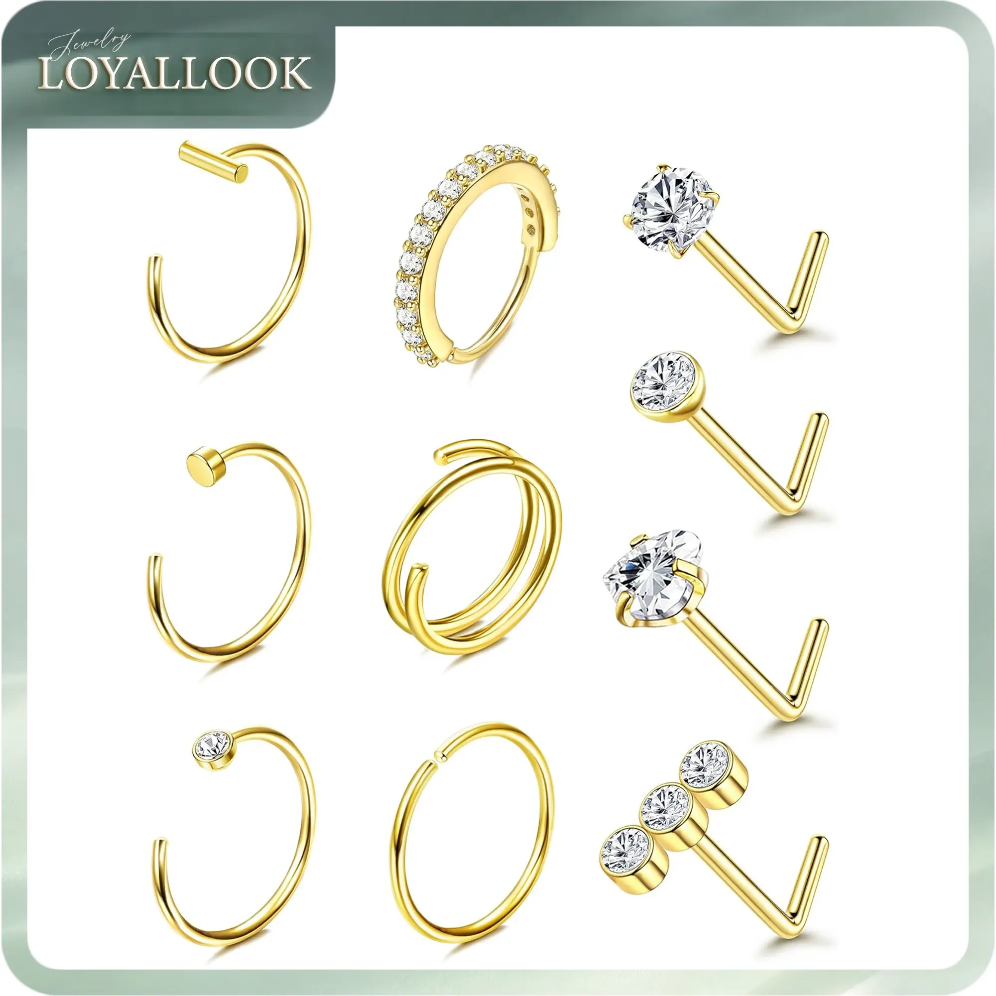 LOYALLLOOK 14K Gold Filled Nose Ring Studs 20G Nose Rings Hoops Stud 316L Stainless Steel Nose Rings Round CZ Heart L Shaped Nose Stud Hypoallergenic Nostril Piercing Jewelry for Women Men 10Pcs