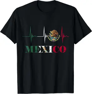 100%cotton Heartbeat EKG Pulse Mexico Emblem Mexico Flag Mexican Pride T-Shirt