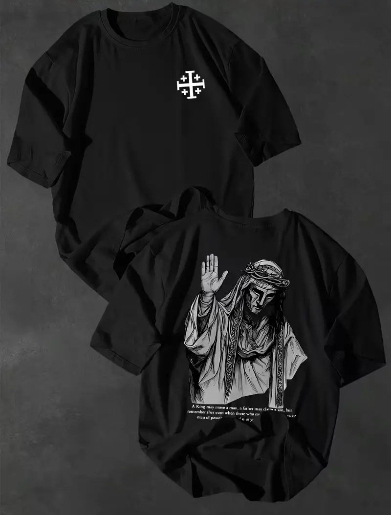 Christian Religious Figure Jerusalem Cross Vintage Graphic T-Shirt, Unisex Faith Believer Casual Streetwear Tee, Cotton Breathable Oversized Short Sleeve Top