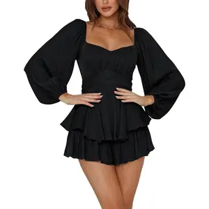 Women's Jumpsuit Lantern Long Sleeve Ruffle Layer Tie Mini Short Romper