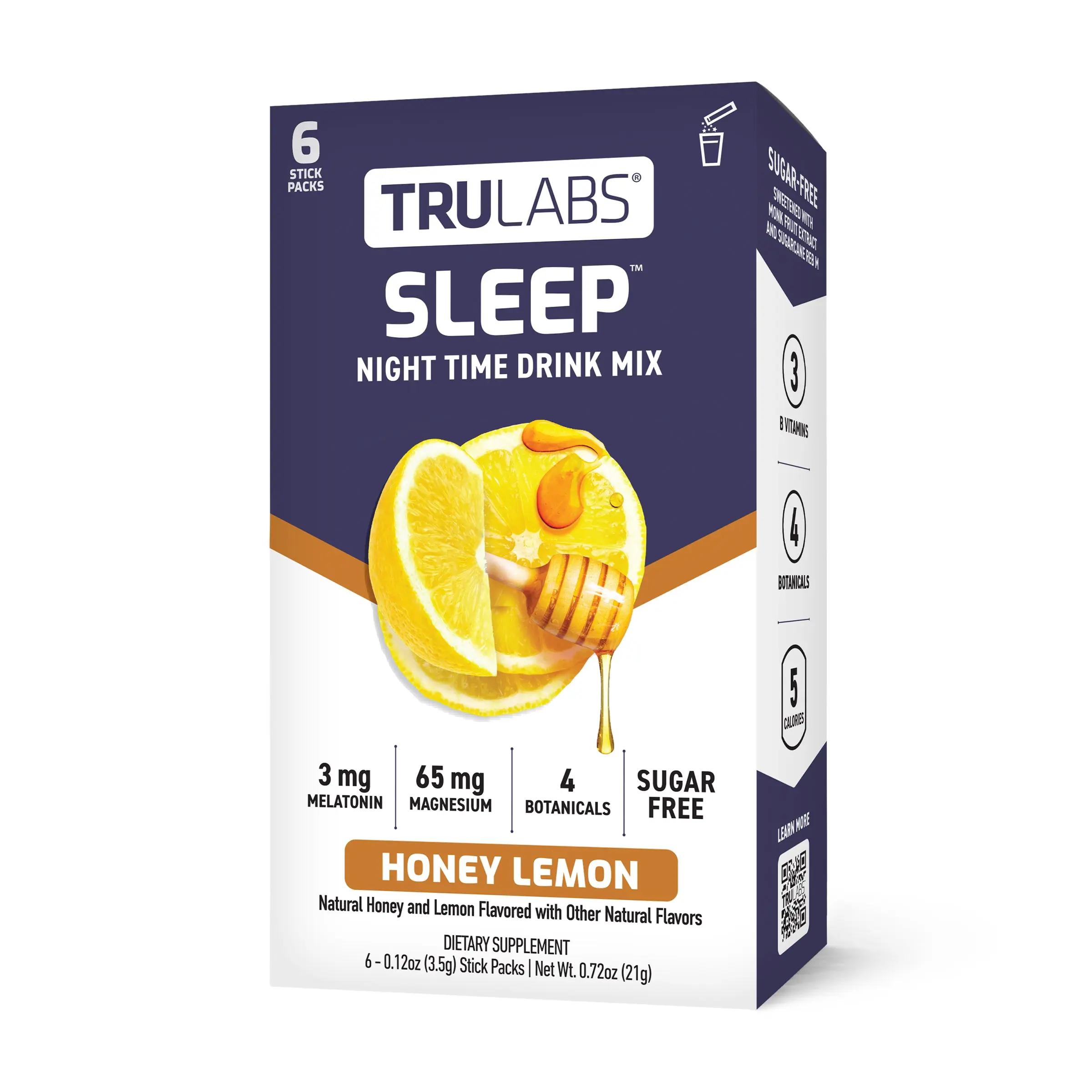 TruLabs Sleep Powder Drink Mix Edible Dietary Supplement - Sugar-Free, Gluten-Free, Honey Lemon Flavor, 3mg Melatonin, Magnesium, GABA, Ashwagandha, Valerian Root, Passionflower, Lemon Balm, Monk Fruit Extract Sweetened, 6 Stick Packs