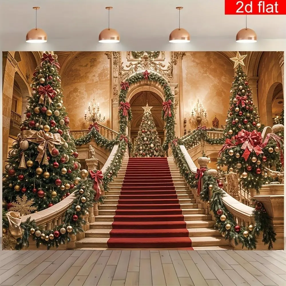 Polyester Christmas Wall Decor Banner, Flat Backdrop with Red Carpet-Tree Design, Durable Bright Photography Background, Festive Party Supplies for Holiday Events,summerwins