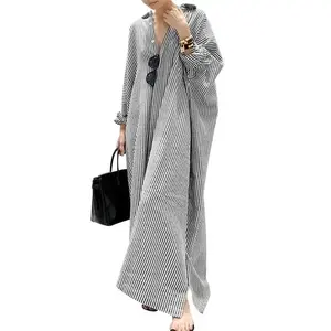 Women's Casual Long Sleeve Button Down Loose Striped Cotton  Batwing Fit Maxi Shirt Dress