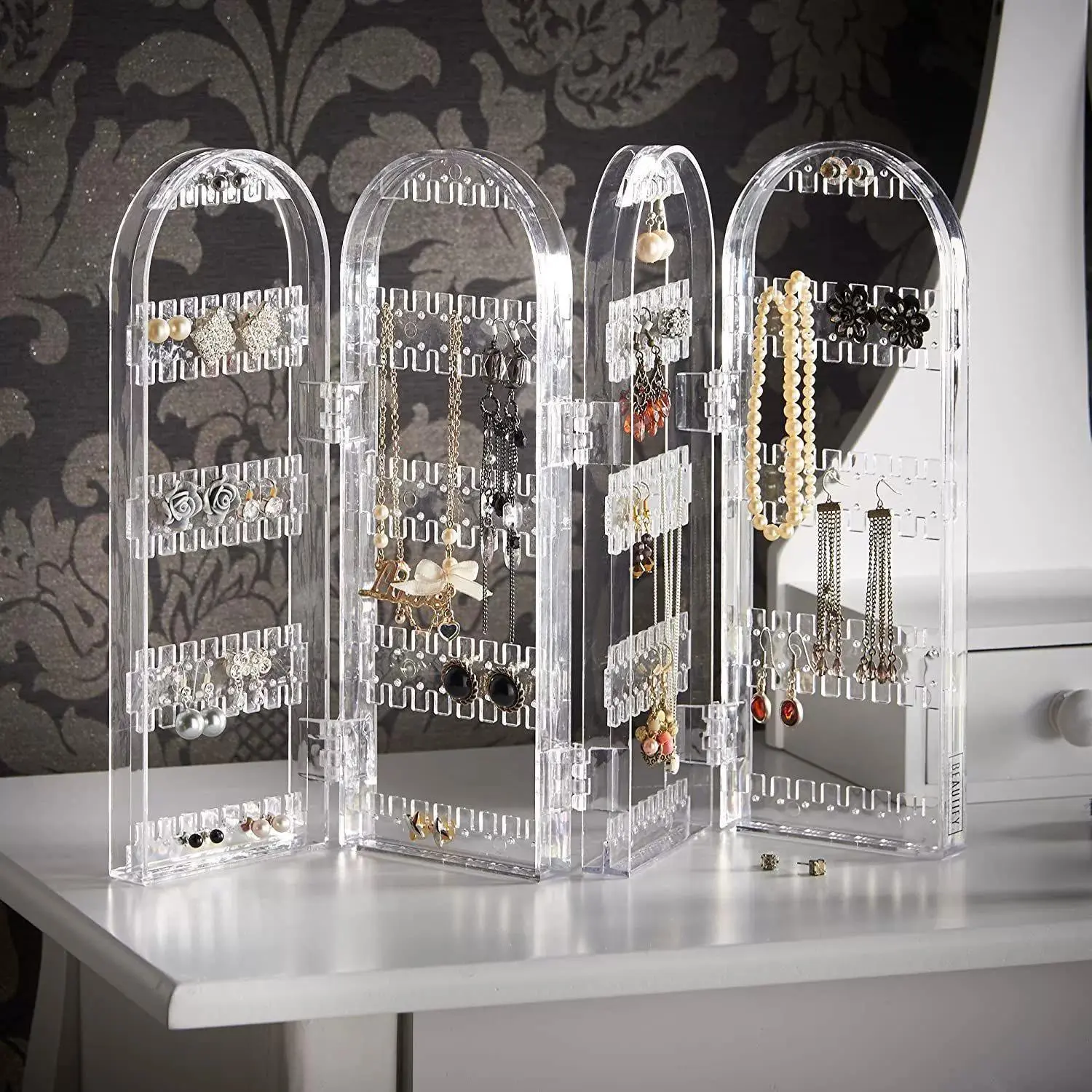 1pc Foldable Transparent Plastic Jewelry Organizer, Creative Necklace Display with Multi-Hole Earring Storage, Multilayer Storage, Perfect Accessories Rack