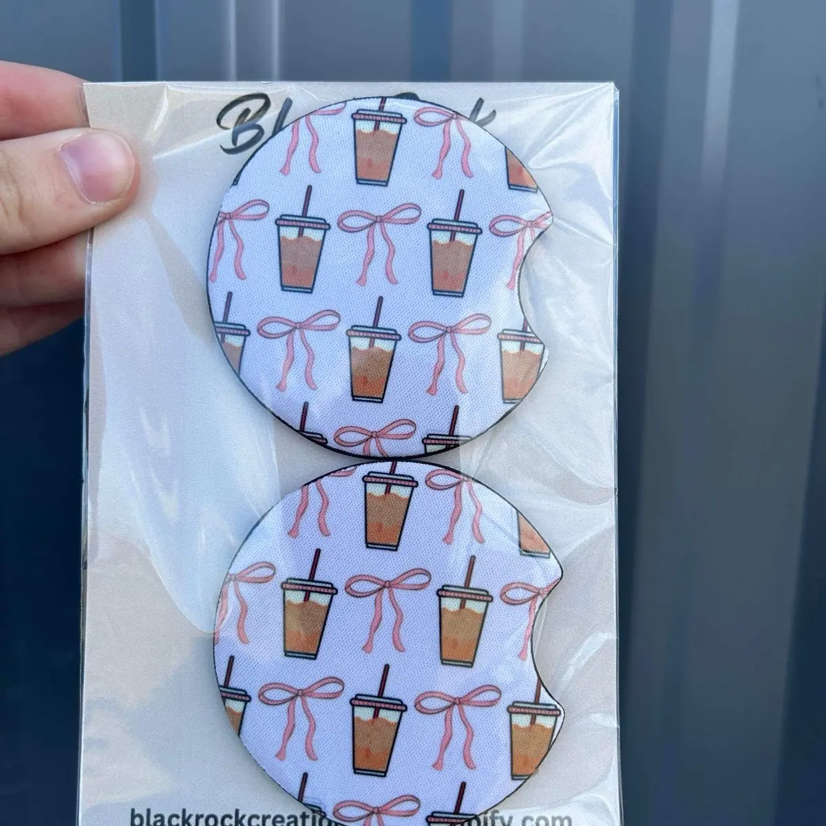 Iced coffee coquette bows neoprene car coasters set of 2 Iced coffee coquette bows neoprene car coasters set of 2
