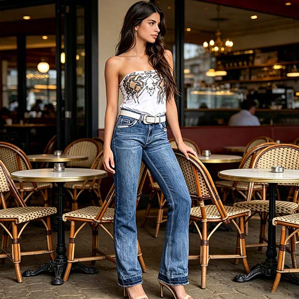 Women's Western Style Flare Jeans, Vintage Wash Contrast Stitch Denim Pants, Y2K Cowgirl Streetwear