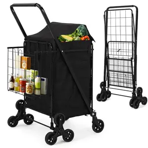 Garvee Rolling Shopping Cart with 360° Swivel Wheels, Foldable Utility Design, Heavy Duty Construction, Collapsible for Grocery, Laundry, Luggage, Camping, and Stair Climbing - Black