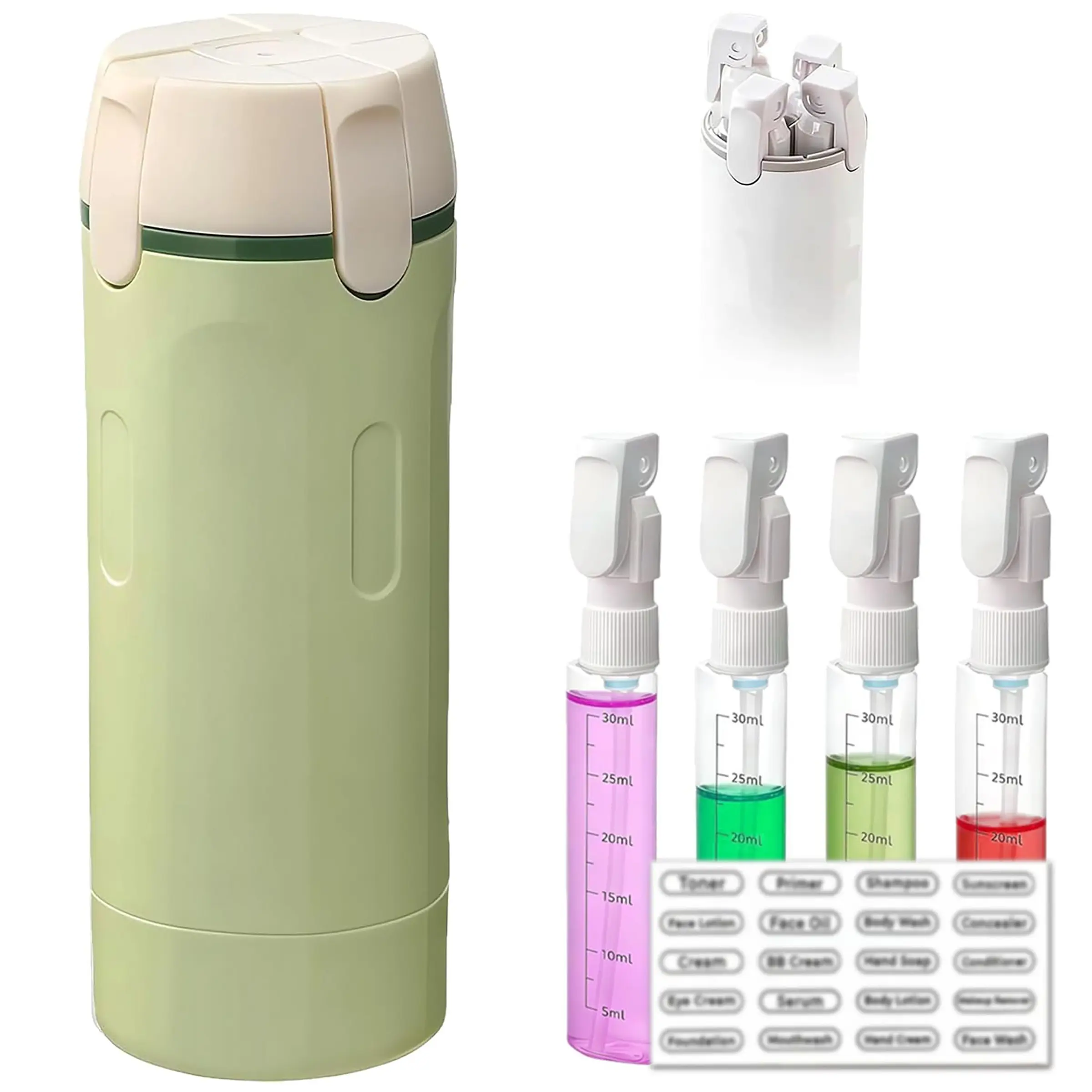 4 in 1 Travel Pump Dispenser Bottle, 30ML 4 Pack Set Leak-Proof Pump Containers with Measurement Scale & Label Stickers, Portable Bottles for Toiletries, Cosmetic, Makeup, Shower & Travel Use