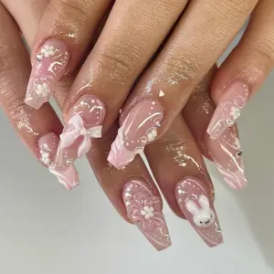 Luxury 3D Kawaii Bunny & Bow Press On Nails | Pink Coquette Pearl Fake Nails | Reusable Handmade Set