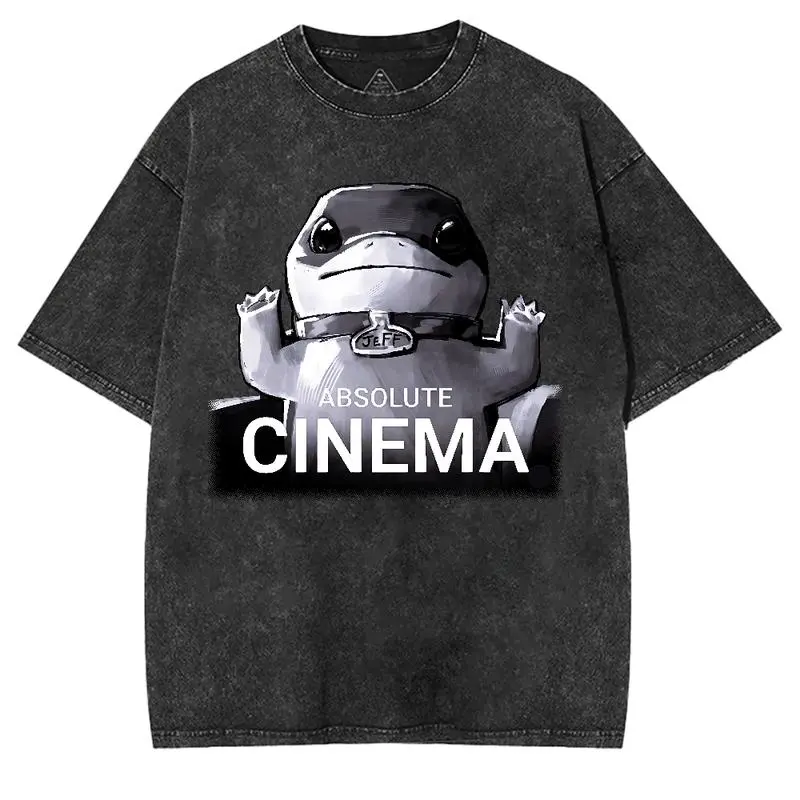 ABSOLUTE CINEMA" JEFF THE LAND SHARK Washed Tshirt, Top Cotton Clothing Menswear Collar Casual Fabric