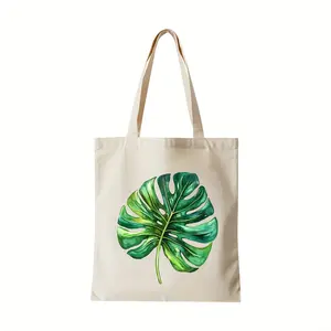 1 Piece Monstera Leaf Canvas Tote Bag - Large Reusable Shopping Bag, with Vibrant Green Leaf Design, Durable Shoulder Tote Bag, Suitable for Daily Use, Travel, School - Perfect Gift for Plant Lovers, Daily Tote Bag | Plant-themed Accessories | Sturdy hand
