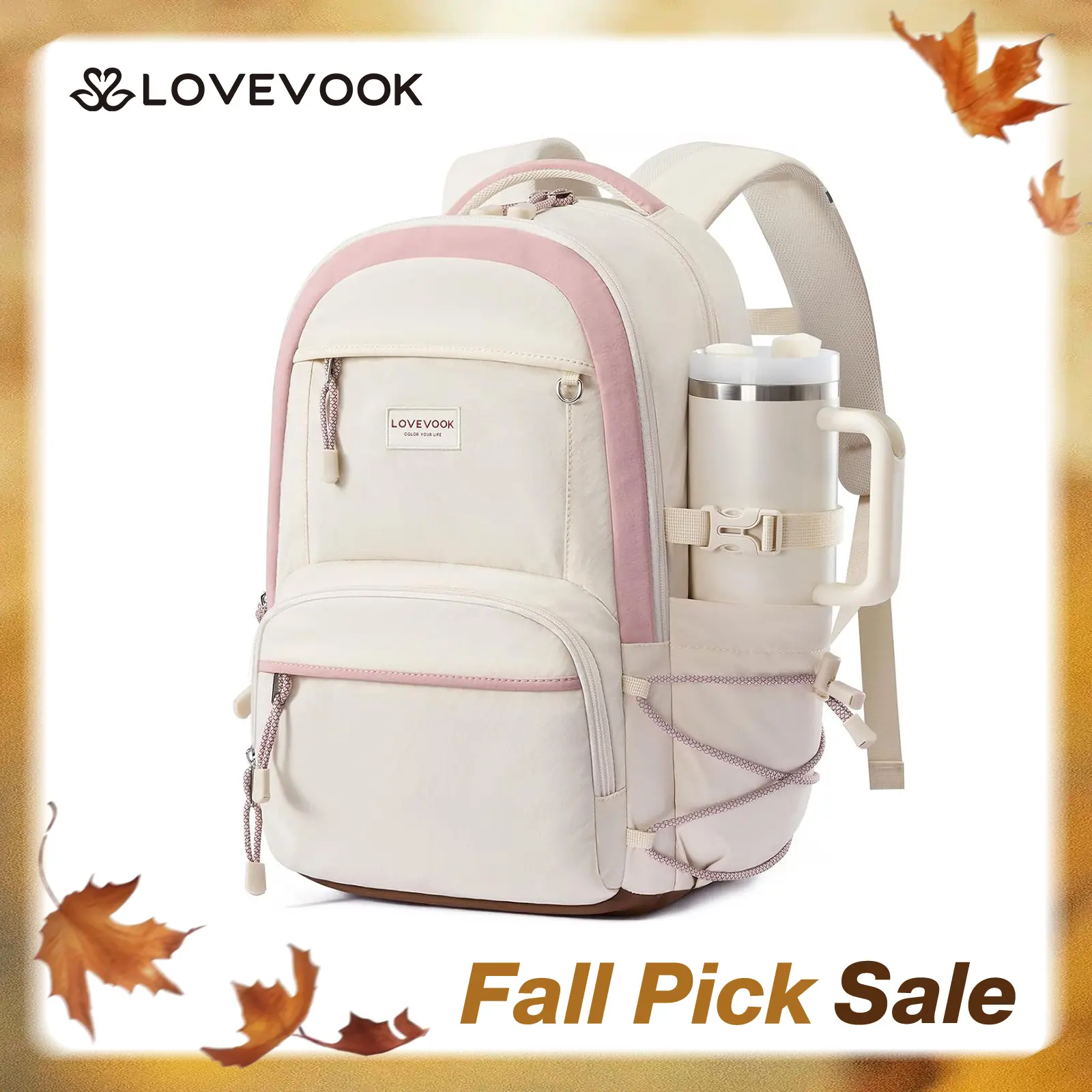 LOVEVOOK School Backpack for Girls, 15.6 Inch laptop Backpacks with Large Capacity Tumbler Holder, Lightweight College bag for women, Cute Travel Teen Bookbag Purse for Students,Off white-Pink