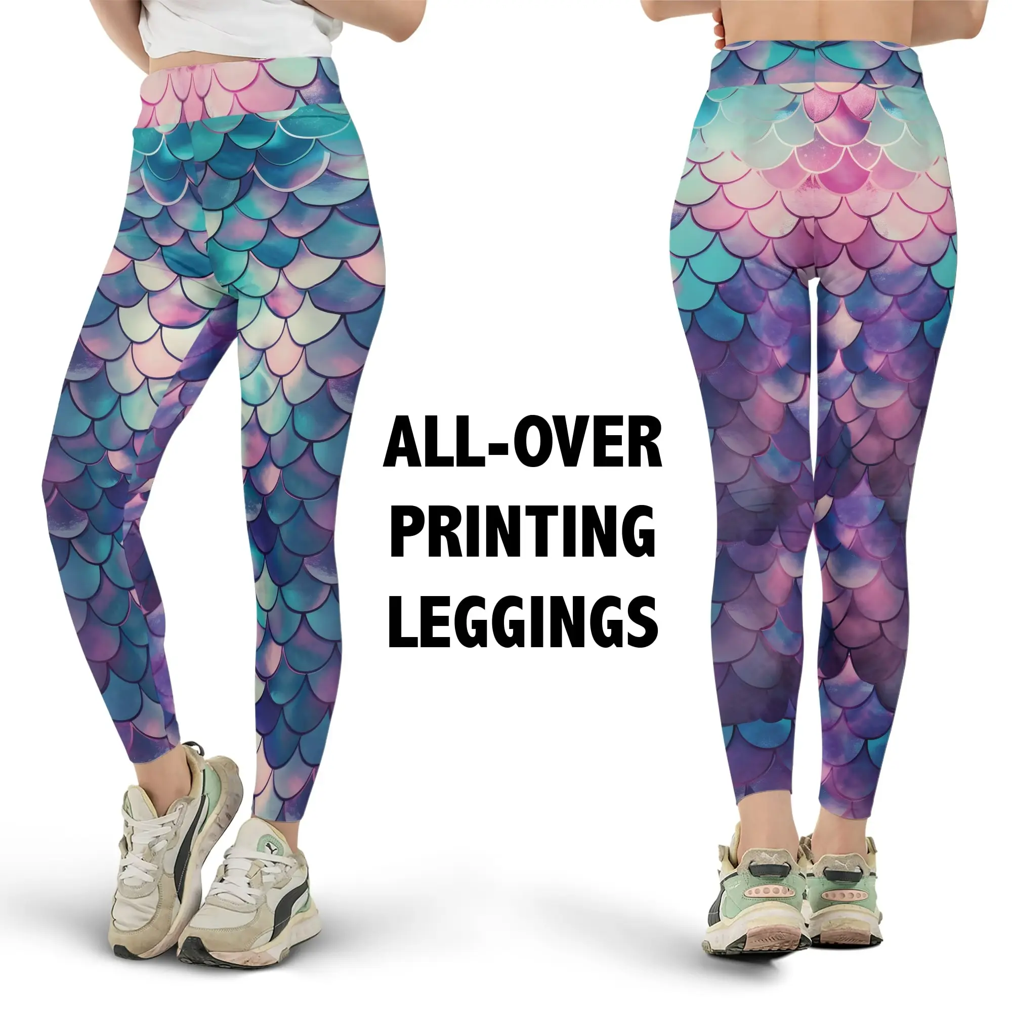 Women’s Pastel Mermaid Scale Leggings - Colorful High Waist Yoga Pants, Fantasy Fish Scale Print Workout Tights for Gym, Running, Festival Outfit and Gift for Her
