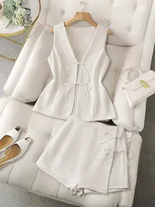 Sleeveless Vest Shorts Set, Luxurious Commuter Style, Butterfly Knot Decoration, Loose Fit, Easy to Match, Women's Office Casual
