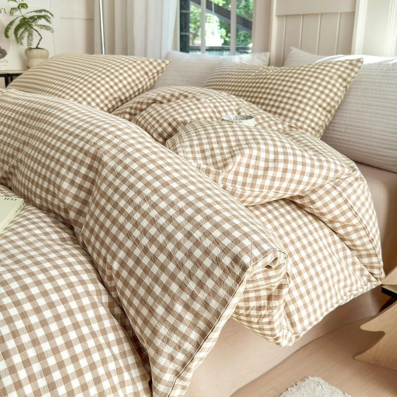 Tan Gingham Comforter Set King Style Beige Plaid Comforter Set 3 Pieces Soft Grid Checkered Pattern Comforter with 2 Pillowcases Farmhouse Gingham Plaid Bedding Set King