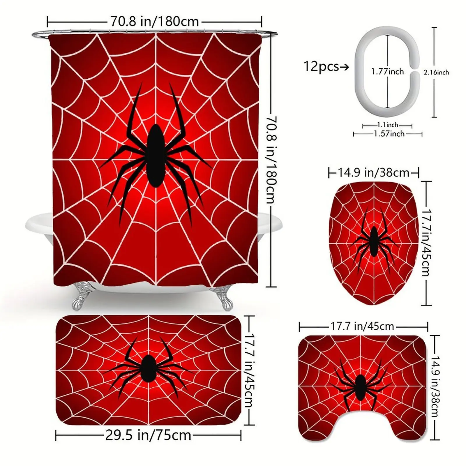Aesthetic 4-Piece Bathroom Shower Curtain Set - Woven Poly Washable Waterproof, Deep Carved Red & Blue Spider Webs Design, U-Type Non-Slip Toilet Accessory, 70x70 in, Includes 12 Hanging Hooks