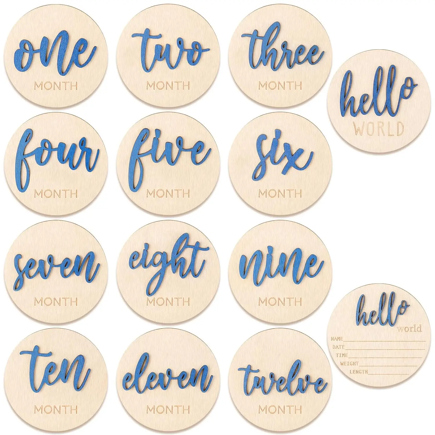 7-Count 3D Girl Monthly Milestone Wooden Signs, 1-12 Months Baby Growth Camera Photo Prop, Approximately 4" Carving Decor, Double-Sided Engraved Keepsake with Announcement Card, Markers & Disc Block (Dark Blue)