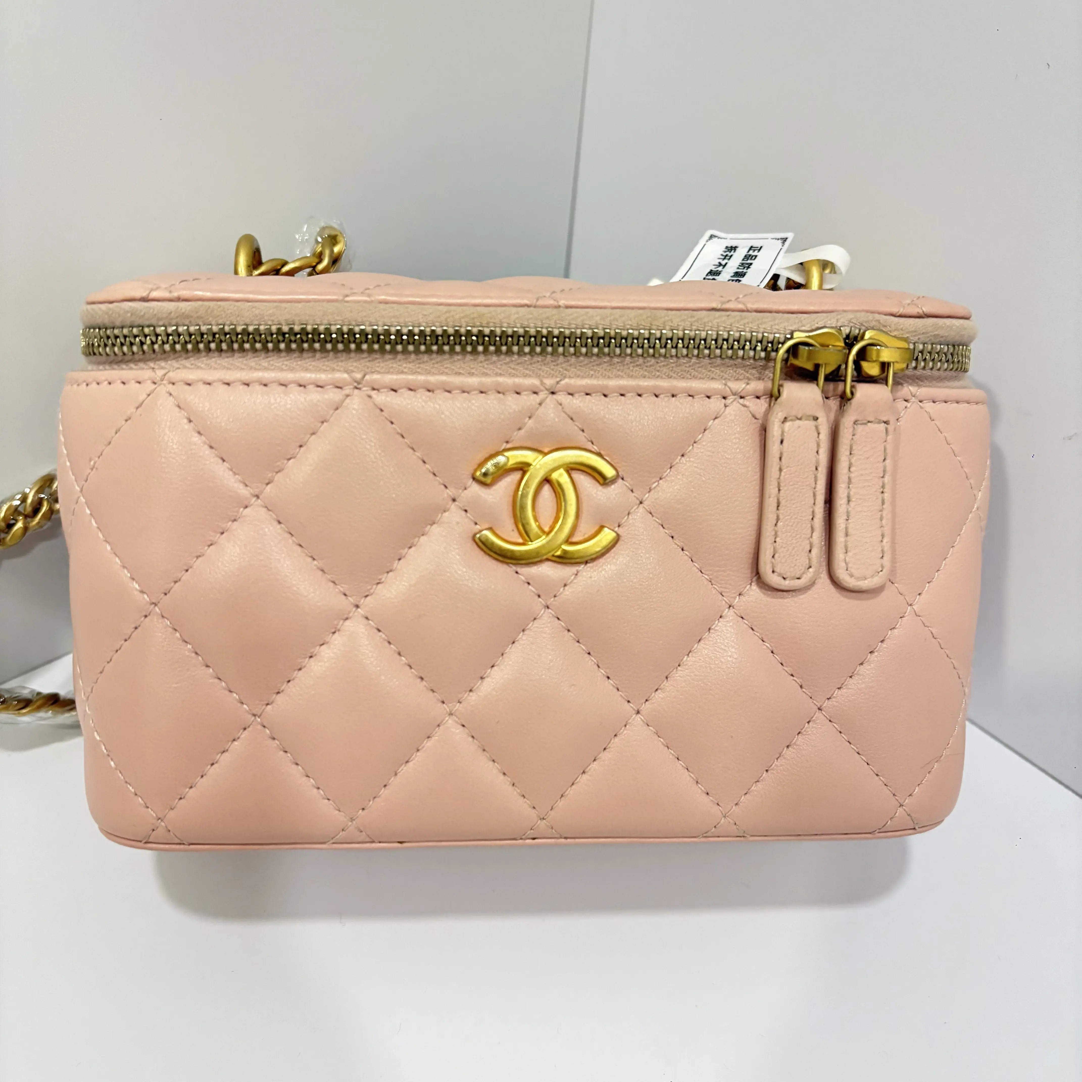 Pre-owned CHANEL Pastel Pink QUILTED VANITY BAG 100% GENUINE LAMBSKIN HK A238 LETHER MINI CROSSBODY WITH GOLD CHAIN