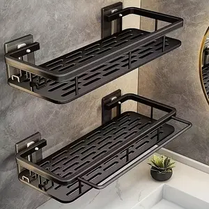 2 Pack Wall-Mounted Storage Rack Set with 2 Hooks, Heavy-Duty Metal, No-Drill Adhesive/bolt Installation, Space-Saving Bathroom & Kitchen Organizer, Bathroom Organizing Accessories