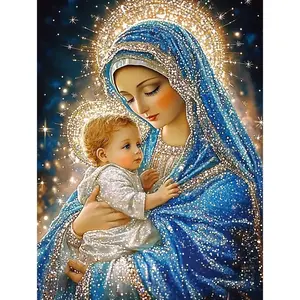 DIY 5D diamond painting set, themed on the Virgin Mary and the Young Jesus, round acrylic diamonds, shiny home and office wall decoration gifts, excluding frames, religious wall art, Virgin Mary theme, shining