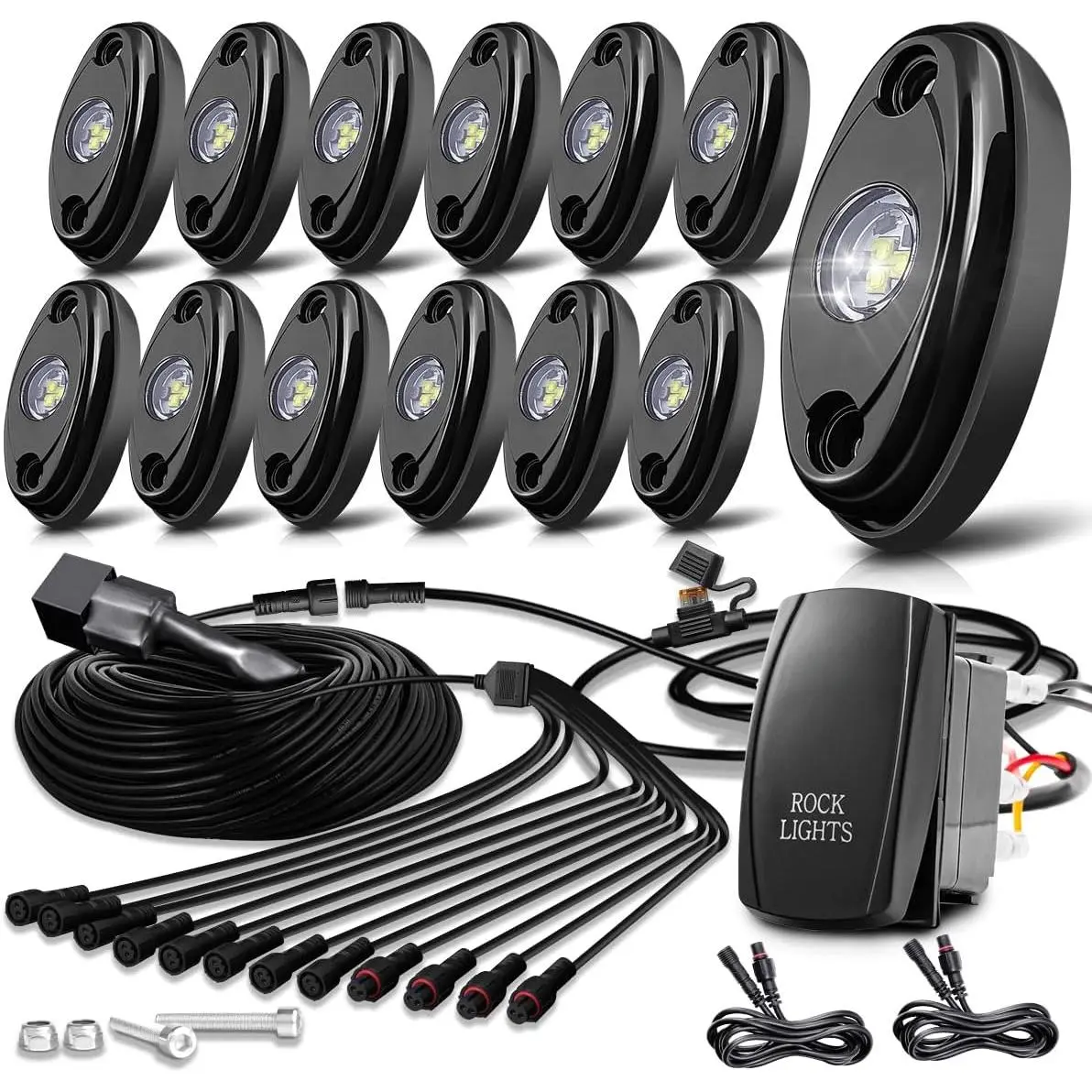R1 Pure White LED Rock  Kit with Roker Switch Wire Harness 12PCS High Power Rock  White for Trucks Off Road ATV UTV SUV Underglow Trail Rig Lig Lights2026