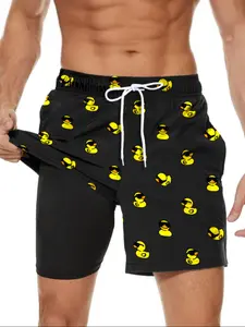 Men's Cartoon Duck Print 2 in 1 Drawstring Beach Shorts, Casual Pocket Swim Shorts for Beach Vacation, Men's Swimwear for All Seasons