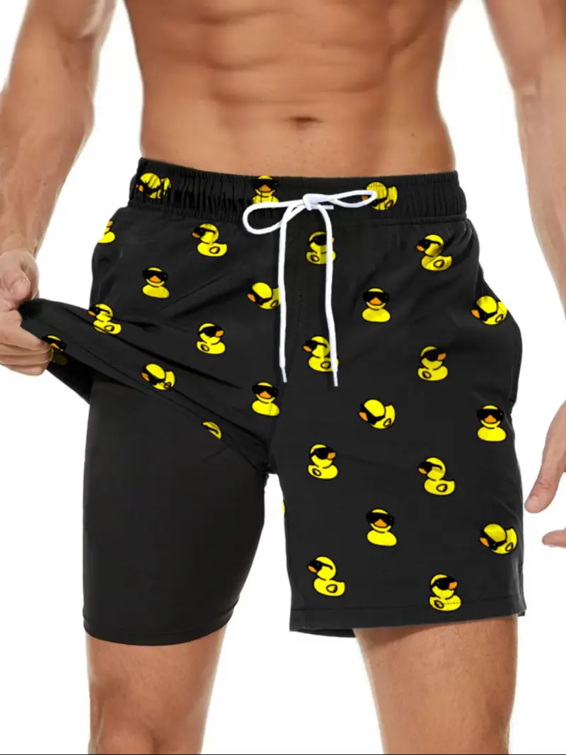 Men's Cartoon Duck Print 2 in 1 Drawstring Beach Shorts, Casual Pocket Swim Shorts for Beach Vacation, Men's Swimwear for All Seasons