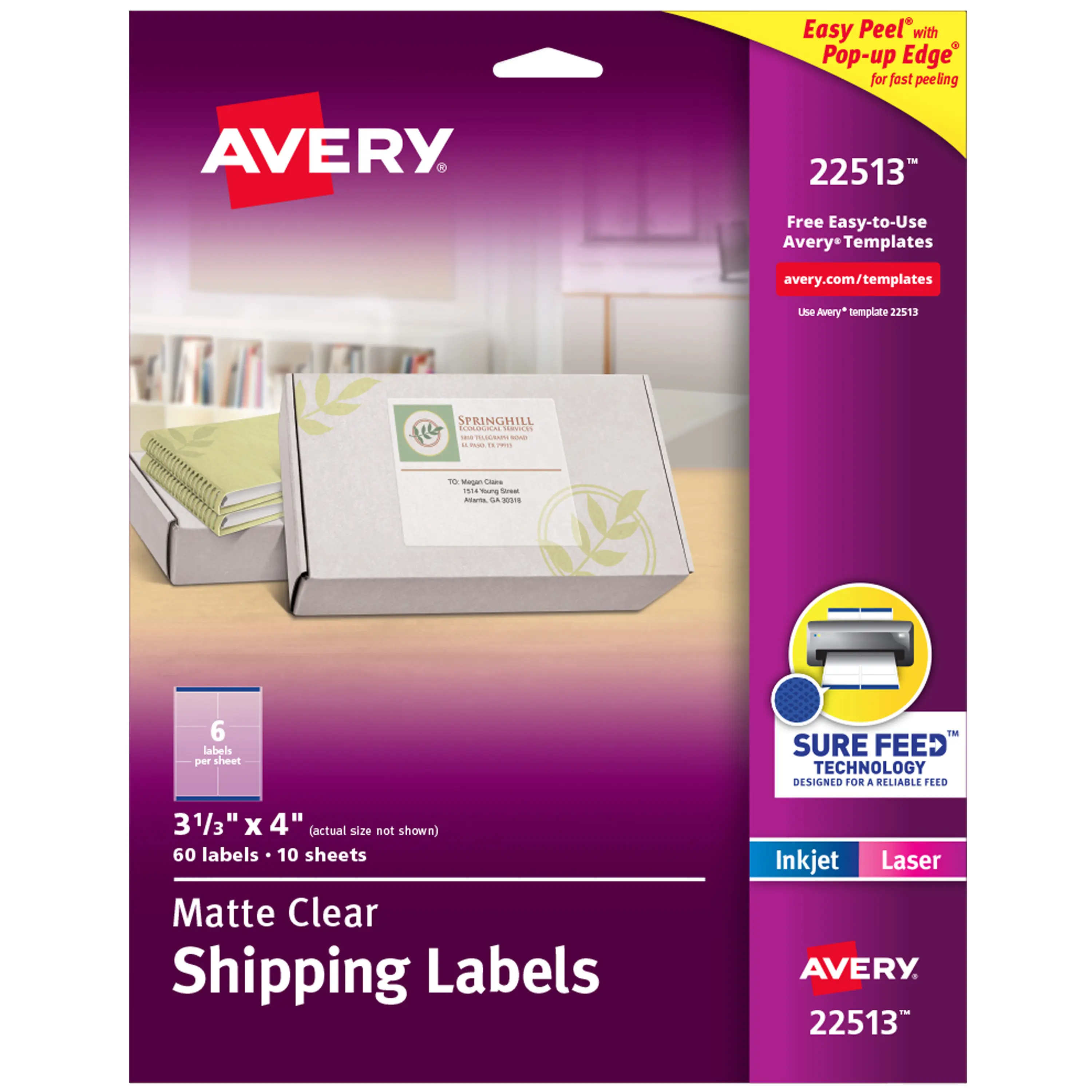 Avery Mailing Shipping Labels with Sure Feed, 3-1/3"x4" Matte Easy Peel Ultrahold Permanent Adhesive, for Ordinary Packaging, Laser/Inkjet Compatible, 60 Printable Labels (22513)