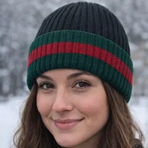 Stylish Winter Knit Cap for Men & Women Black with Green & Red Stripes Comfortable Fit Versatile Accessory Ideal for Winter Wear