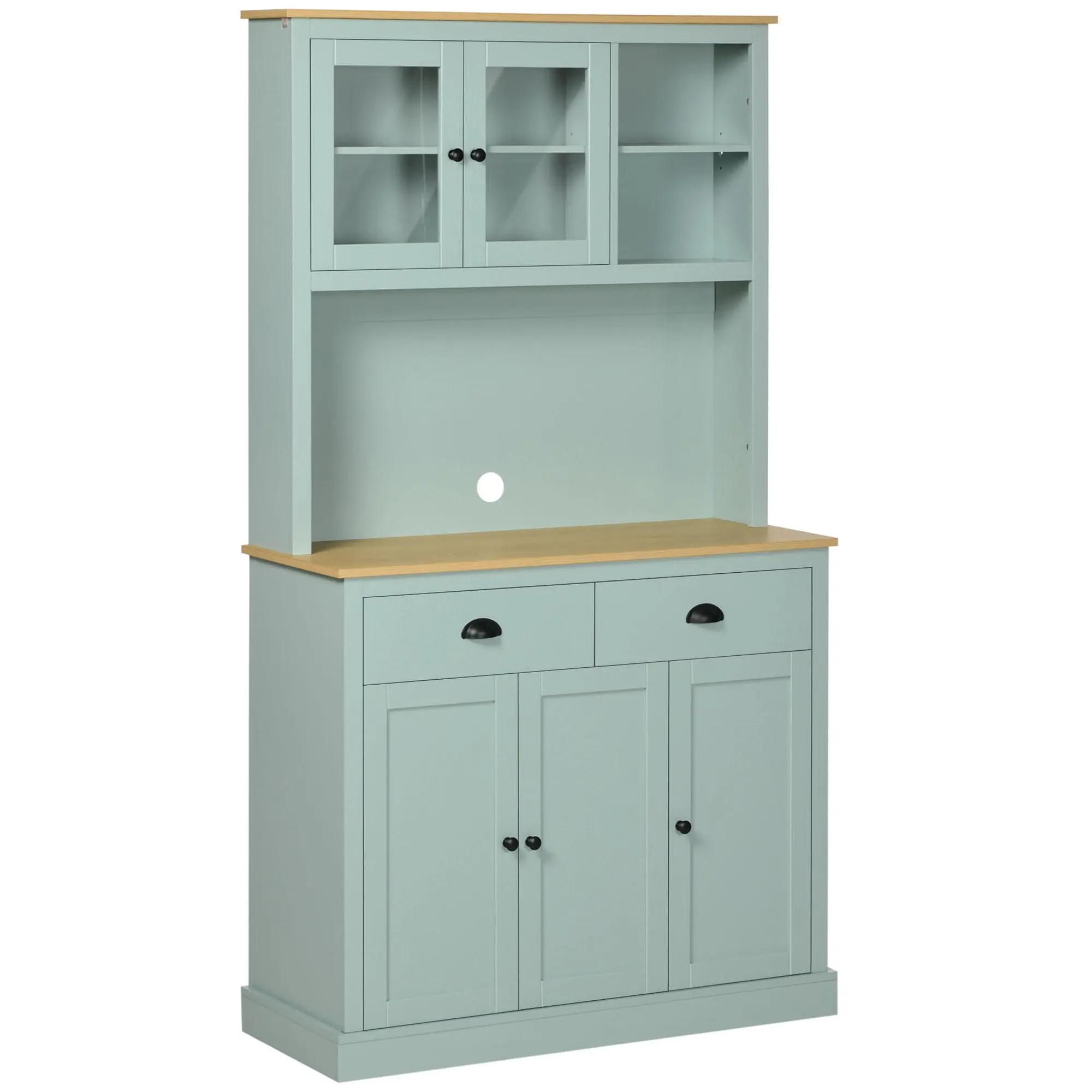 HOMCOM 71" Freestanding Wood Cabinet Kitchen Furniture - Modern Indoor Multi-Functional Pantry with Hutch, Microwave Storage, Glass Doors, Adjustable Shelves, Drawers, Light Blue Open Countertop, 66 lbs. (counter), Assembly Required, Pots And Pans Organiz