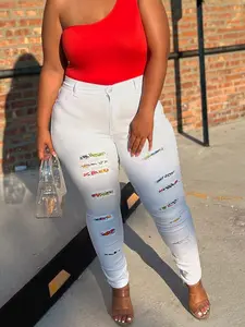 Plus Size Women's Comfortable Elastic Denim Jean Patchwork Fashion Streetwear Skinny Fit Pants, Casual All Seasons Wear, Sexy Style, Womenswear