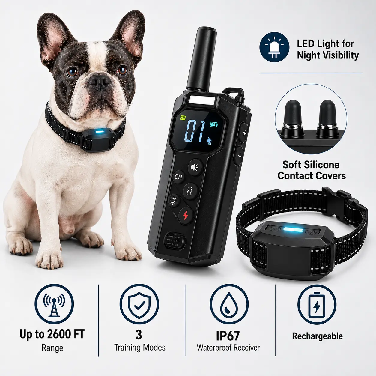 Remote Dog Training Collar with Built-In LED Light, 2600FT Range, IP67 Waterproof Rechargeable E-Collar, 3 Training Modes for Small to Large Dogs