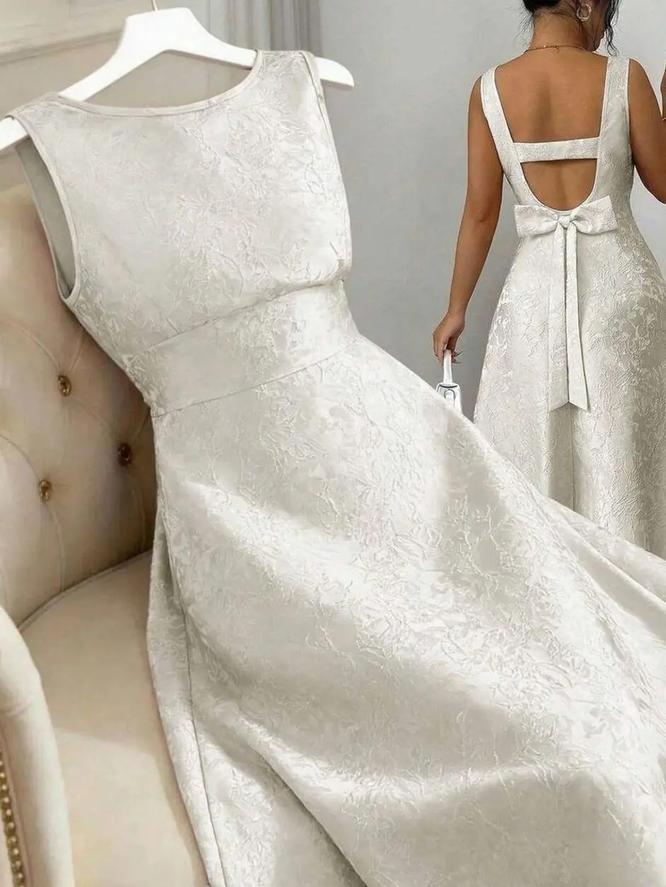 Women's Jacquard Backless Waist Cinched A-Line Mid-Length Dress,Dusty Pink,Summer,Elegant,Wedding Ninang,French Vintage Sleeveless Valentine's Day