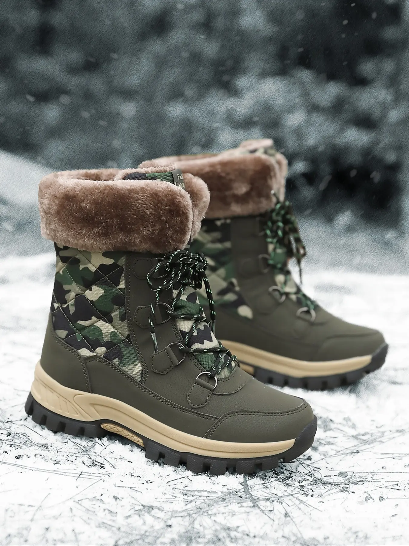 Women's Fashion Snow Boots, Winter New Style, Waterproof Anti-Slip Thickened Outdoor Camouflage High-Top Shoes, Suitable for Daily Wear