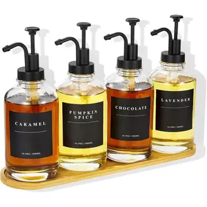 Coffee Syrup Dispenser for Coffee Bar, Coffee Syrup Pump Dispenser, Glass Syrup Bottle with Black Upgraded Pump, 4 Pack 16.9 oz 500 ml Syrup Dispensers, 28 Labels and Large  Tray