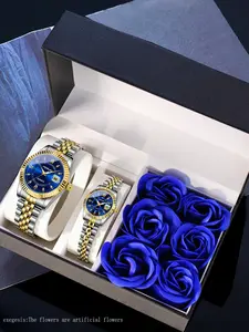 2-piece set of romantic rose gift boxed quartz watches for couples, perfect as a holiday gift Wristwatch