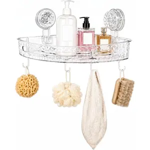 Corner Shower with Suction Cups, No-90° Corner Shower Organizer with, Removable Wall Mounted Shelf for Tile, & (White/Clear)