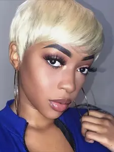 613 Blonde Color Chic Elegant Pixie Cut Straight Human Hair Wig for Women Full Machine Made Wig 150% Density 6 Inch