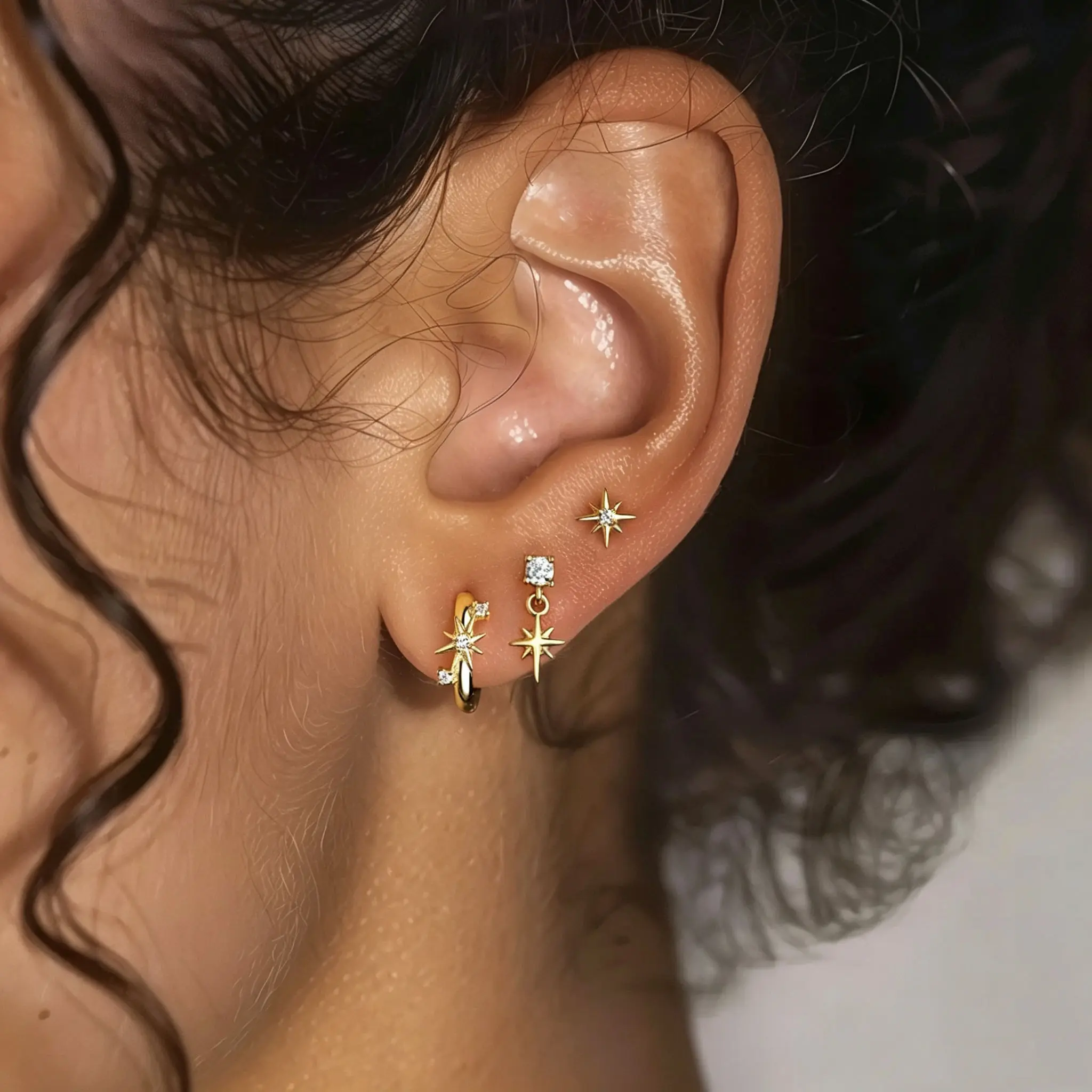 Gold Star Earrings Set for Women, 925 Sterling Silver North Star Huggie Hoop Earrings Dainty Celestial Stud Drop Earrings Multi Piercing Ear Jewelry Gift