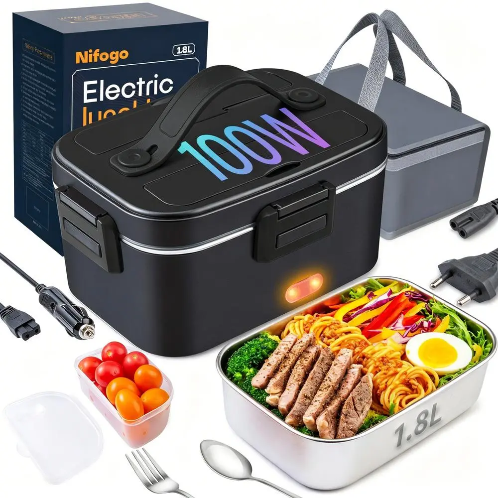 Portable Electric Steel Lunch Box Tableware Set - Leakproof Anti-Spill Safe Inner Bowl, 12V/24V/110V Universal Power, Timing Preset Heat, Cutlery Tote for Long Travel Self-Driving