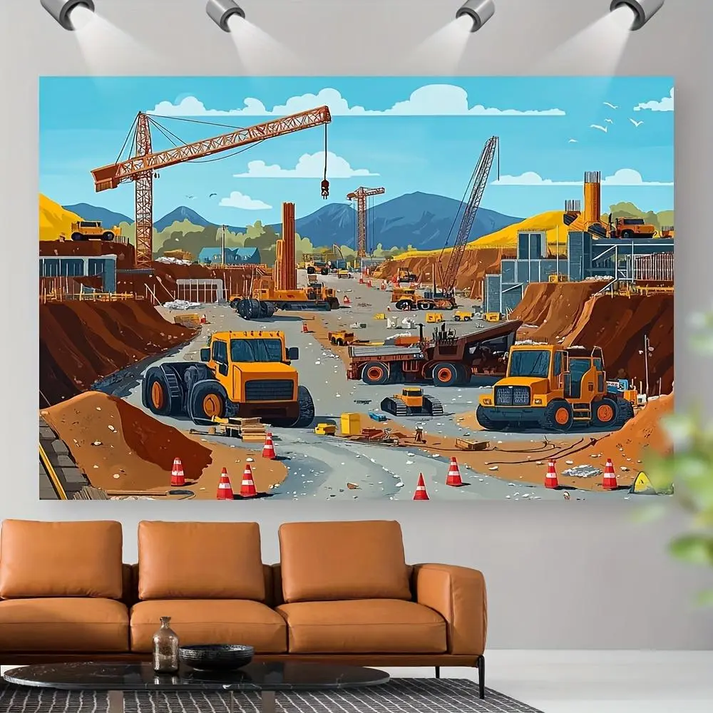 1pc Horizontal Excavator Vehicle Tapestry Wall Hanging - Heavy-Print Polyester Fabric, Machine Washable Home Supply Backdrop for Indoor Birthday Decor, Playroom Use, Happy Birthday