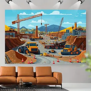 1pc Horizontal Excavator Vehicle Tapestry Wall Hanging - Heavy-Print Polyester Fabric, Machine Washable Home Supply Backdrop for Indoor Birthday Decor, Playroom