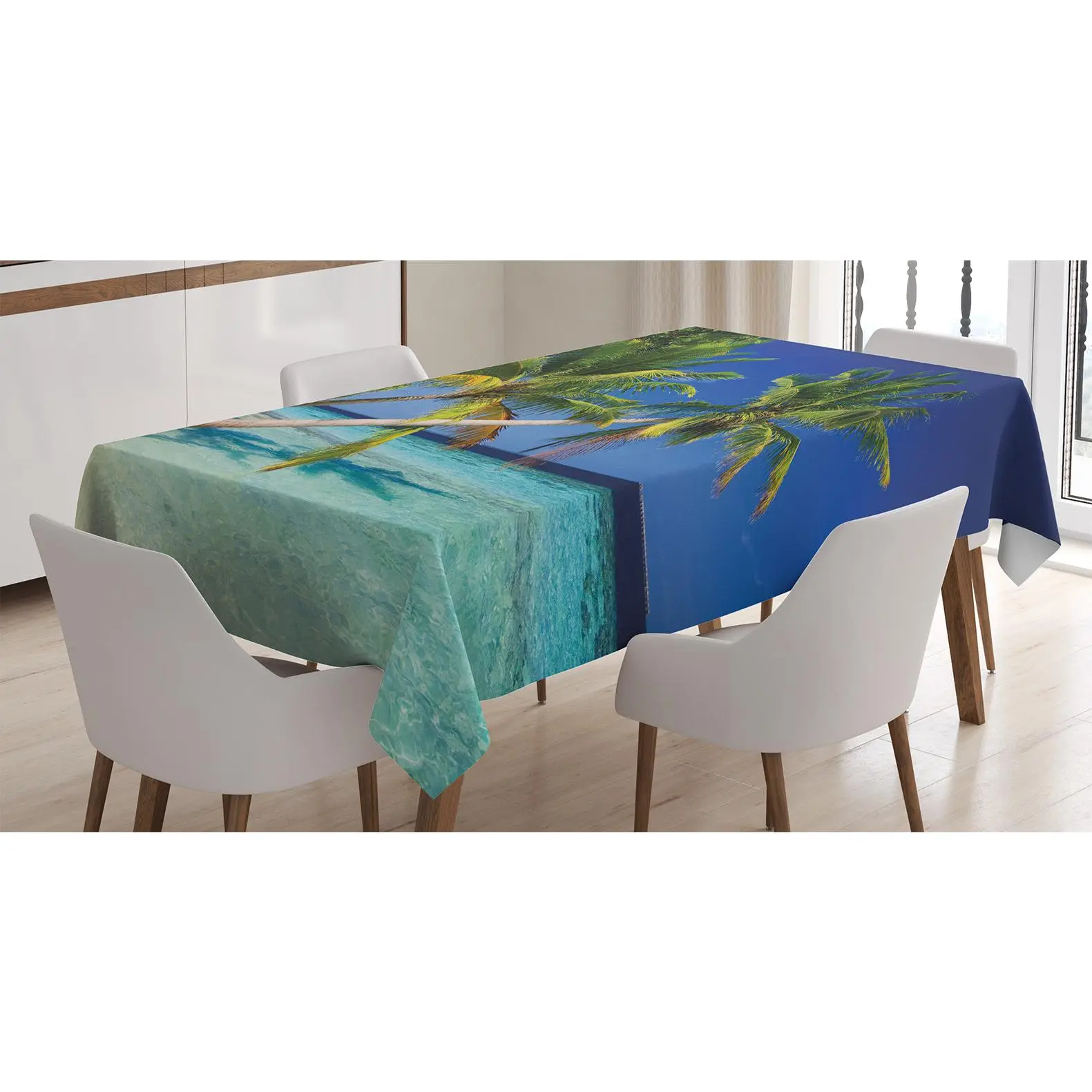 Landscape Tablecloth, Tropic Botanic Sandy Beach Island with Coconut Palm Trees Seaside Print, Rectangular Table Cover for Dining Room Kitchen Decor, 52" X 70", Aqua Blue Green