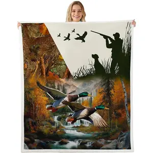 Duck Hunting Throw Blanket Wild Animal Mallard Duck Blanket Hunting Theme Fleece Blanket,Dog Hunter Blanket Wildlife Flying Duck Fuzzy Blanket Dog Rustic Farmhouse Sherpa Blanket