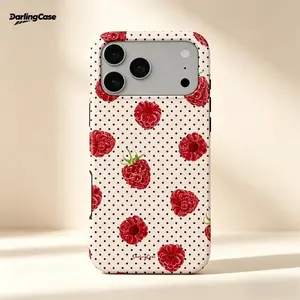 Darlingcase Raspberry Fruit iPhone Case for iPhone 17 Pro Max 16 Pro 15/14/13/12 Pro Max - Coquette Preppy Strawberry Polka Dot Vintage Cream , Shockproof Drop-Proof Anti-Scratch Durable Silicone Double-layer Protective Cover Gift for Girls Women