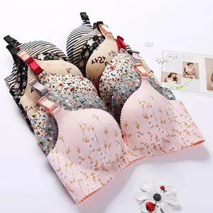 Women Flower Print Seamless Bra Sexy Lingerie Floral Push Up Bras Wire-free bra, women's underwear, lingerie, women's, basic Womenswear A04 Gray_Multi Everyday Smooth