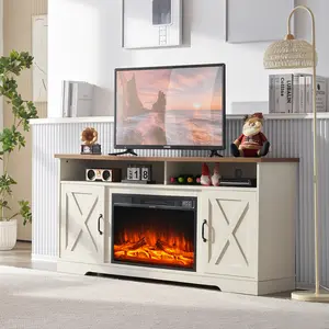 AMERLIFE Farmhouse TV Stand with 26" Fireplace, 63" Wood Rustic Entertainment Center with Fireplace and Barn Doors, Modern Media TV Console Cabinet