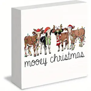 Christmas Halloween Decoration，Christmas Cow Wood Box Signs, Cow Christmas Decorations, Cow Gifts for Women Cow Lovers, Farmhouse Christmas Decor, Christmas Wooden Signs for Home Office Desk Shelf Table Decor, 5x5 Inch