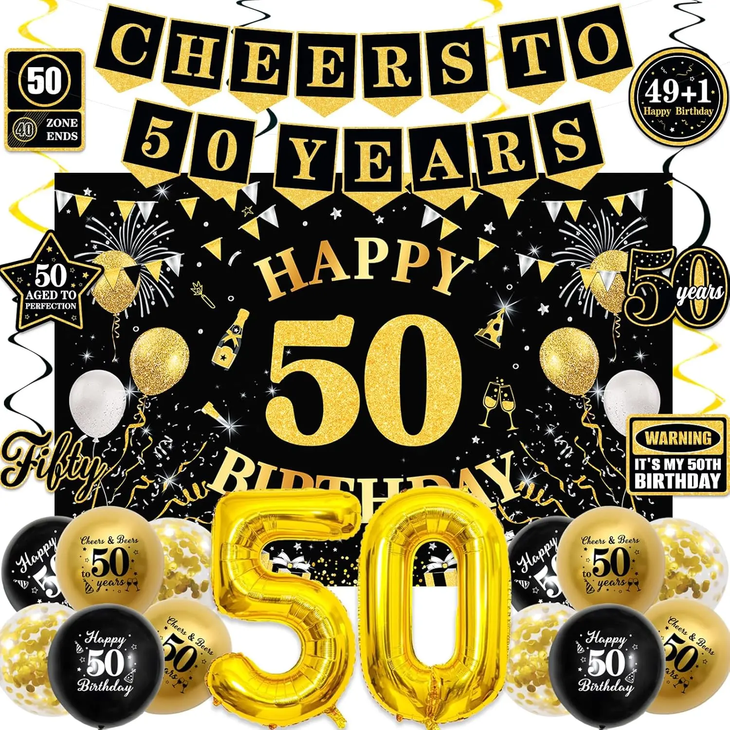 50th Birthday Decorations for Men Women, Black Gold Happy 50th Birthday Party Decorations, Cheers to 50 Years Banner, Foil Balloons 50, Backdrop, 50th Balloons, Hanging Swirl, BIrthday Card Set 45pcs