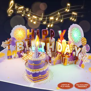 Firework Birthday CardsMusic & LED Lights 3D Pop Up Greeting Card with Blowable Birthday Cake, Comes with Digital DIY, Sticky Note and Envelope, for Lover, Family and